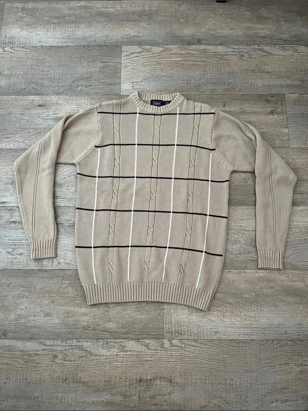Vintage Haggar Beige Crewneck Cable-Knit Windowpane Sweater 100% Cotton Size M